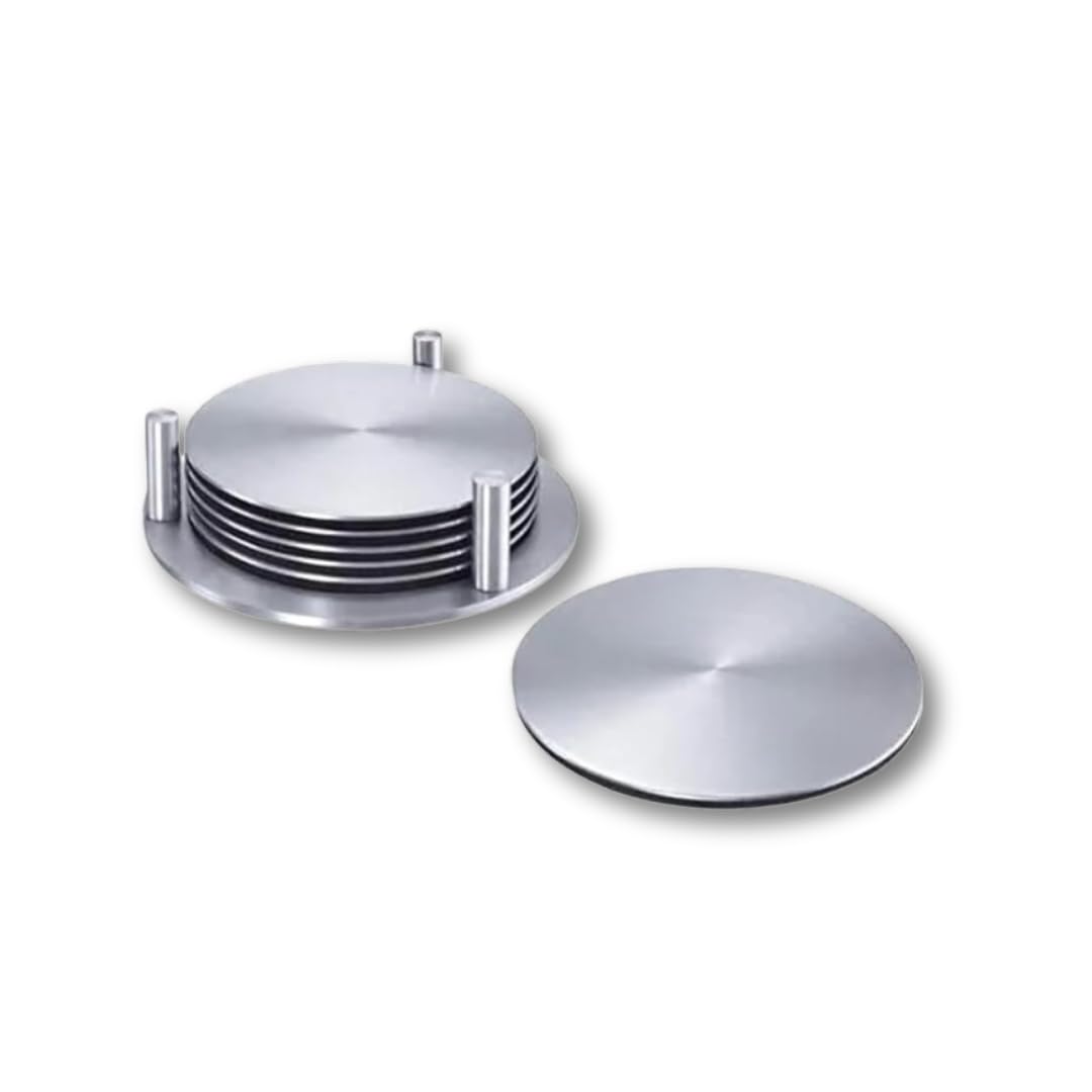 RIWAYAT STEEL | Stainless Steel | Round Coasters for Kitchen and Dining | Desk Coaster Set of 6 with Stand | Non-Slip Drink Coasters for Home, Office, and Bar (B0D8BVMBPM) Amazon Price History, Amazon Price Tracker