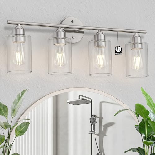 Image of Bathroom Vanity Light Fixtures Brushed Nickel,4 Lights Rustic Farmhouse Vanity Bar Lighting Over Mirror Modern Industrial Wall Sconces Lamp with Cylinder Glass Shade