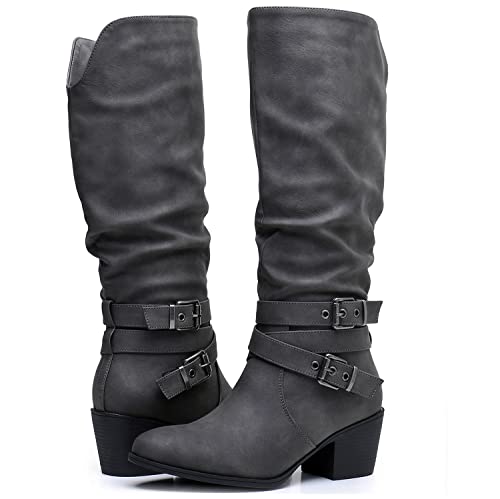 Image of GLOBALWIN Women's Knee High Cowboy Boots - Minimalist Western Round Toe Cowgirl Boots with Comfortable Block Heel, Plain Sleek Design, Tall Dress Boots for Women