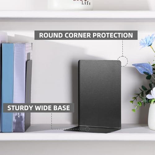 Beeveer 6 Pairs Metal Bookends Book Stopper for Shelves Office Book Holder Library Bookend for Heavy Books Desk Home Bookshelf School (Black) - Thumbnail 4
