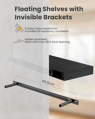 AMADA HOMEFURNISHING Floating Shelves Wall Mounted, 24 x 7 Inch Wall Shelves for Bathroom, Bedroom, Living Room, Black Shelves Set of 2