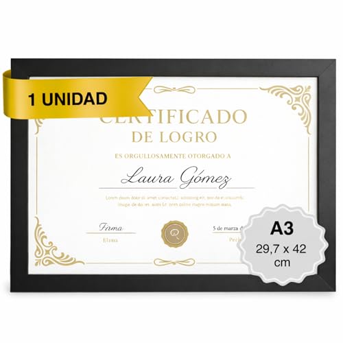 MARCOFOTO Marco de Fotos A3 Negro (29,7x42 cm) Portafotos de Pared en MDF con Cristal - Ideal para Diplomas, Certificados, Pósters y Fotografías - Decoración Hogar y Oficina