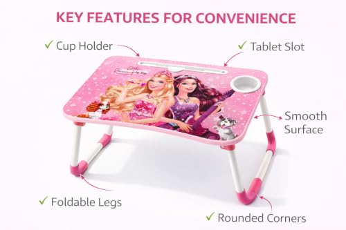 Image of Printed Wooden Study Desk for Kids, Foldable & Portable Laptop Table for Bed, Large Kids Activity Table with Non-Slip Legs, Multipurpose Breakfast Tray & Picnic Table (60x40x26 cm) (Barbie)