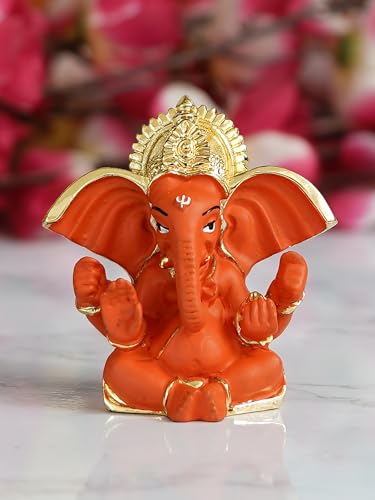 Image of eCraftIndia Golden and Orange Polyresin Lord Ganesha Idol for Home, Temple, Office, Car Dashboard - Divine Home Decor for Ganesha Devotees - Gift for Family, Friends - Suitable for Ganesh Chaturthi