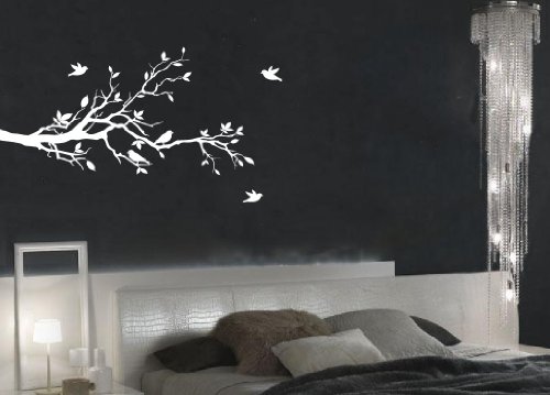 Image of Tree Branches Wall Decal Love Birds Vinyl Sticker Nursery Leaves 56" Wide X 28" High (Left to Right, Matte White)