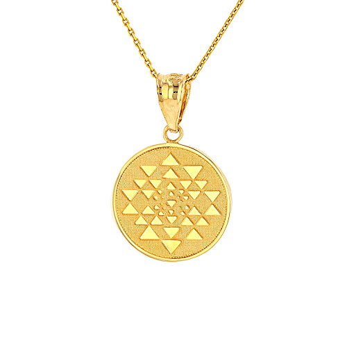 14k Yellow Gold Sri Yantra Chakra Sacred Geometry Talisman Round Necklace, 18