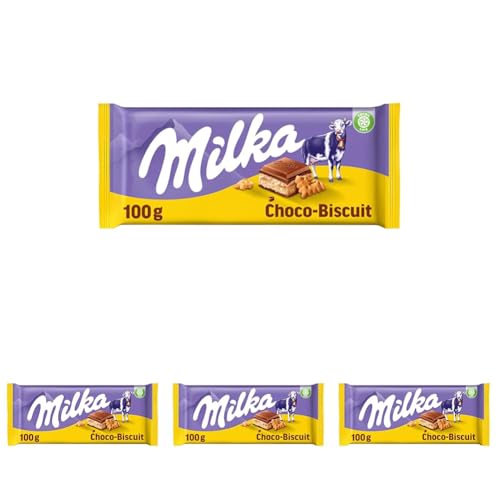 Milka Choco Biscuit Tableta de Chocolate con Leche de los Alpes, Relleno de Galleta y Crema de Leche, 100 g (Paquete de 4)