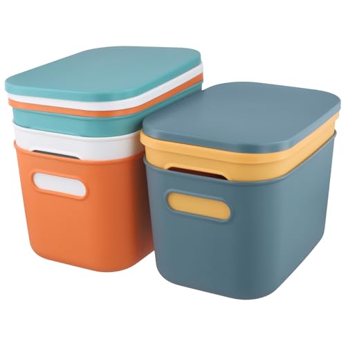 HEIYUET 5 Stück Kunststoff Aufbewahrungsbox mit Deckel 25x18x16cm, Bunte Plastik Boxen Aufbewahrung, Stapelbare Aufbewahrungskorb mit Deckel für Regale, Küche, Bad, Büro, Schlafzimmer