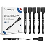 maxtek Magnetic Black Dry Erase Markers, 6 Count Fine Tip Whiteboard Markers with Eraser, Thin Markers Low Odor for Classroom, Office, Home