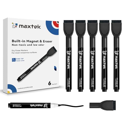 maxtek Magnetic Black Dry Erase Markers, 6 Count Fine Tip Whiteboard Markers with Eraser, Thin...