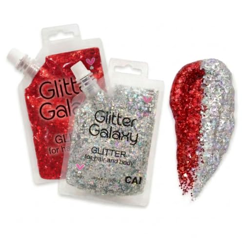 CAI Beauty Holographic Silver & Red Glitter Gel Vegan Cruelty Free Face Body & Hair Glitter for Women Kids 3 Oz Each Cosmetic Grade No Mess Non-Toxic Easy Apply & Wash Off Concerts Holidays 2 Pack