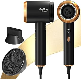 Ionic Hair Dryer, Feekaa Fast Drying Blow Dryer, 1800W, 100 Million Negative Ion, Low Noise Lightweight with Rotating Magnetic Nozzle, Diffuser, for Travel, Curly Hair (Black)