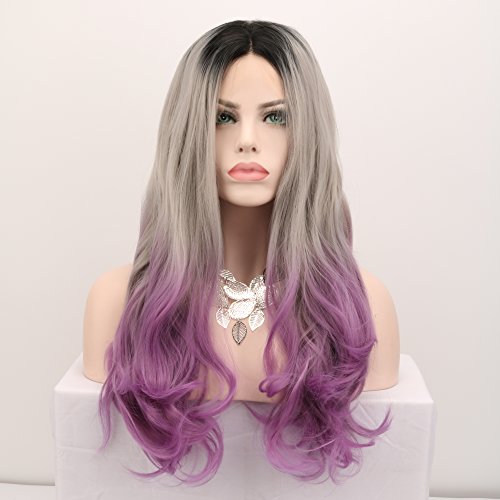 Fennell Long Heat Resistant Synthetic Hair Half Hand Tied Body Wavy Ombre 3 Tone Black Silver Purple Lace Front Wigs
