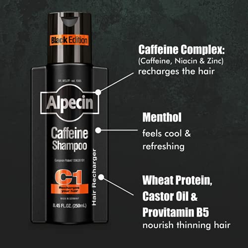 Alpecin Caffeine Shampoo C1 Black Edition, Men's Natural Hair Growth Shampoo For Thinning Hair With Niacin, Menthol, And Castor Oil, 8.45 Fl. Oz, Pack Of 3 #TOP2