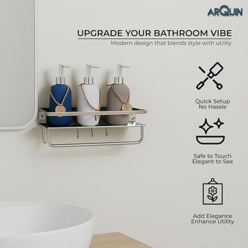 Image of ARQUIN Bathroom Shelf Multipurpose Wall Shelf Stainless Steel I Wall Mount Bathroom Storage Organizer | Towel Hook Racks and Shelves I Bathroom Accessories Set Shelves Silver 15x5 Inch