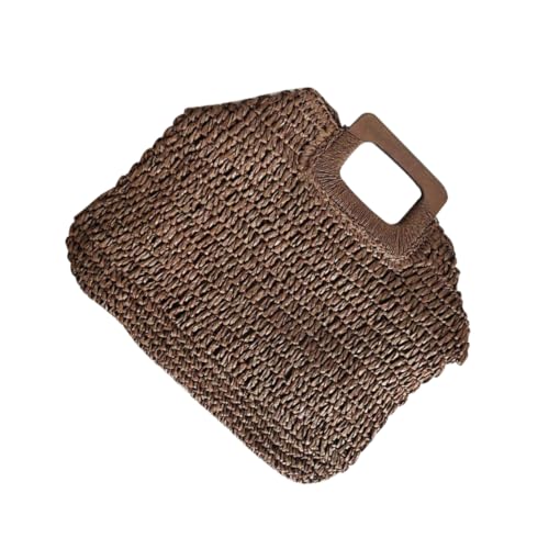 Sac de plage vintage tressé en paille pour femme avec poignée en bois marron