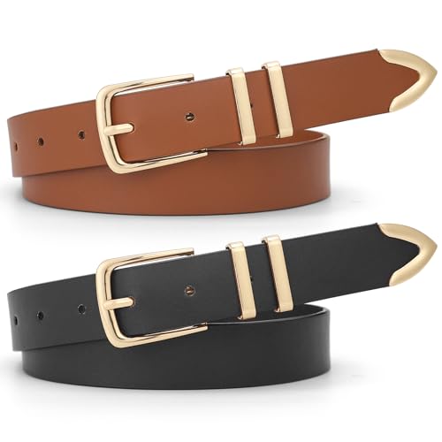 2 Pack Women's Leather Belts for Jeans Dresses Business Casual Outfits Black Leather Belt for Women with Gold Buckle