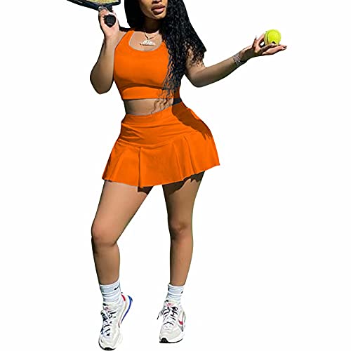 Women 2 Piece Skirt Sets - Casual Tank Crop Top and Ruched Bodycon Dress Mini Skirt Suit Set Orange S