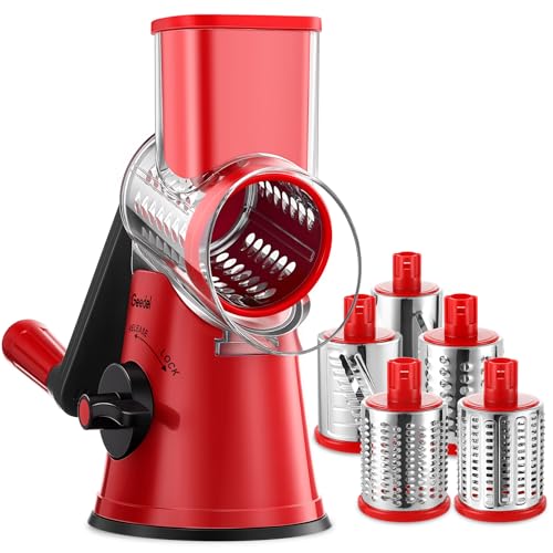 Geedel Rotary Cheese Grater Cheese Shredder with 5 Interchangeable Blades - Upgraded Rotary Grater Featuring Strong Suction Base for Cheese Shredding