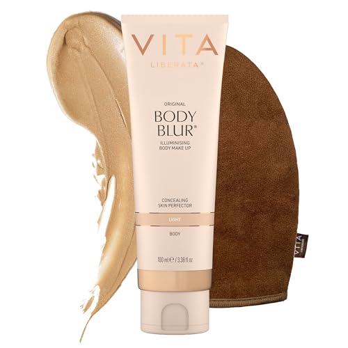 VITA LIBERATA Body Blur Light 100ml & Mitt Bundle, Leg & Body Makeup, Skin Perfector, Wash Off Instant Tan, Streak Free Application Blending Brush, Water resistant, Disguise Imperfections