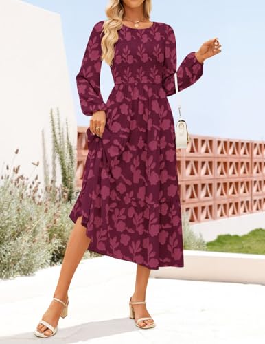 ZESICA Women's Fall Boho Floral Midi Dress 2025 Casual Long Sleeve Crewneck Flowy Wedding Guest Long Dresses2