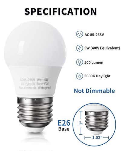 Waterproof Led Refrigerator Light Bulbs 40W Eqv, 120V, Daylight 5000K, E26 Medium Base, Fridge Light Bulb, Freezer Bulb, A15 Led Appliance Bulb, Not Dimmable #TOP1