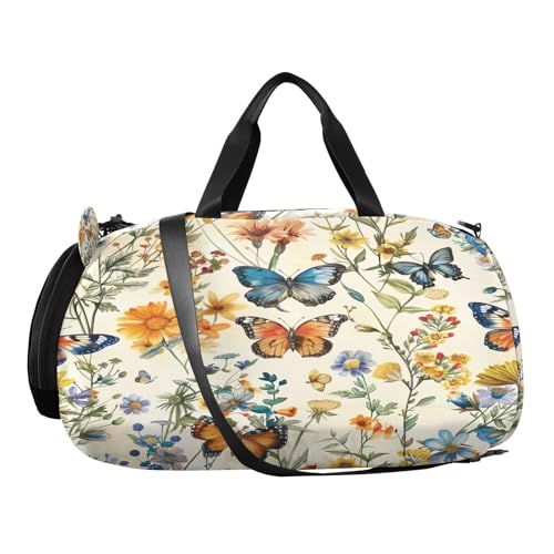 YETTASBIN Sport Travel Duffel Bag for Girls Boys, Butterfly Leaves Large Waterproof Weekender Overnight Bag, Detachable Shoulder Strap Gym Bag with Shoe Compartment & Wet Pocket2