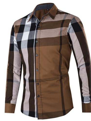 FREDD MARSHALL Men's Long Sleeve Slim Fit 100% Cotton Plaid Shirts3