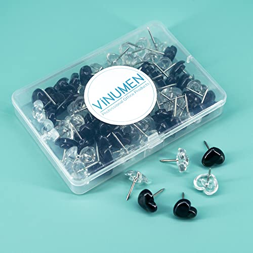 100 Pcs Heart Clear Push Pins For Cork Board, Transparent And Black Cute Heart Shaped Thumb Tacks Plastic Decorative Push Pins For Posters, Wall, Office, Photo Maps, School, Classroom Supplies #TOP2