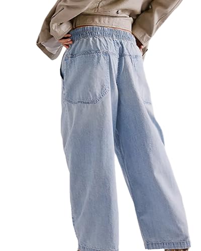 Women's Drawstring Baggy Jeans Trendy Elastic Waisted Boyfriend Wide Leg Denim Pants3