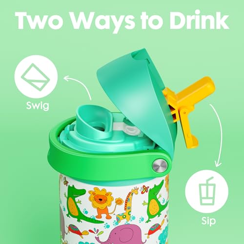 Image of 18 oz Kids Water Bottle for School: Meoky 18 oz Stainless Steel Insulated Water Bottle with 2-in-1 Straw and Spout Lid - Leak Proof, Fits in Car Cup Holder, BPA-Free for Teens Boys Girls, Wild Animals
