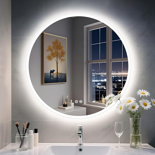 S'bagno Runder-Badspiegel-mit-Beleuchtung-60cm, Badezimmer-Spiegel-mit-Beleuchtung und Entfoggen,...