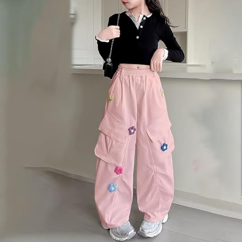 Girls Baggy Sweatpants Cargo Wide Leg Elastic Waist Pink Y2K Athletic Joggers Dance Running (Pink, 9-10 Years)4