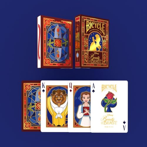 Image of Bicycle Disney Beauty and the Beast Playing Cards Belle Beast Collectible | Gold-foiled tuck case, Custom court cards with Belle Beast Mrs Potts and Lumiere, Enchanted rose back, Made in USA