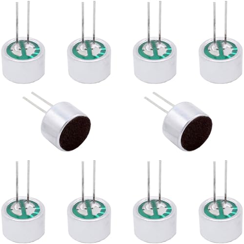 ThreeBulls 10Pcs Cylindrical Electret Condenser Microphone, 9767-58DB Mini Through Hole Electret Condenser Mic Pickup 10mm x 7mm, with 2 Pins 10mm for PCB