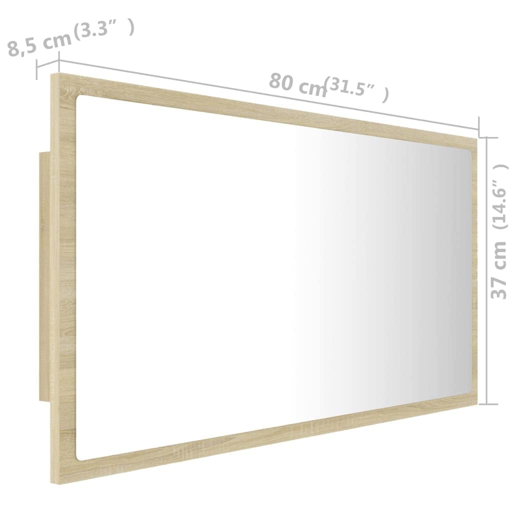 Lustro łazienkowe LED, dąb Sonoma, 80 x 8,5 x 37 cm, akryl z lampą RGB, lustro ścienne, wiszące i stojące, nowoczesne meble łazienkowe, zajmuje mało miejsca, nadaje się do umywalki