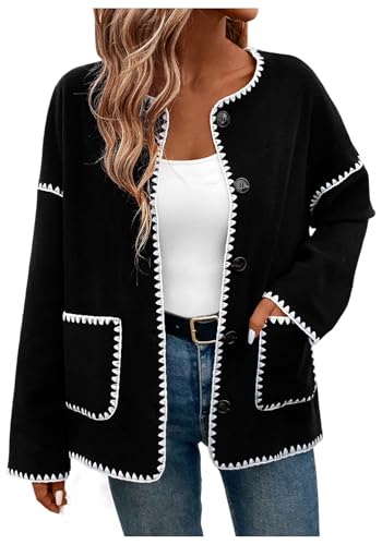 Sezhgswd Womens Fall Cropped Cardigan Jacket Soft Long Sleeve Open Front Button Down Tweed Coat with Pockets