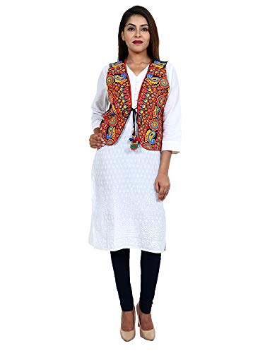 Image of Craft Trade Women's Cotton Embroidered Kutchi Jacket with Tassels Sleeveless Mirror Work