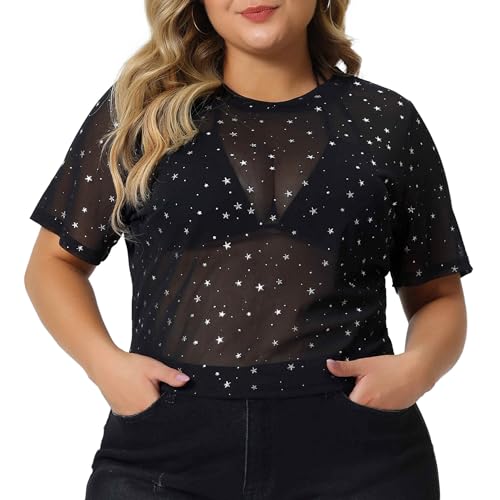 Agnes Orinda Plus Size Sexy Mesh Top for Women Glitter Silver Star