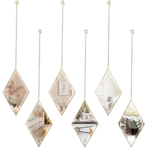 PHOSPHOR Diamond Wall Mirror 6 PCS, Small Gold Decorative Wall Mirror with Hanging Chain, Wall Mirrors for Living Room Cover
