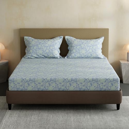 Image of Layers 100% Cotton Bedsheet for Double Size Bed | Lumina Floret Collection | 144 TC Soft & Breathable | Floral Print with 2 Pillow Covers | Wrinkle Free & Colorfast | 3 Piece Bedding Set - Blue