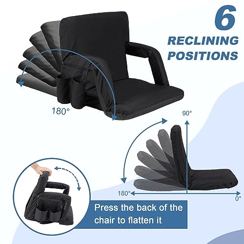 Avocahom 2 Pack Folding Stadium Seats-21Inch Wide Reclining Bleacher Seats Chairs w/Back Support & Armrest and Padded Cushion for Sports Concerts Camping, Black