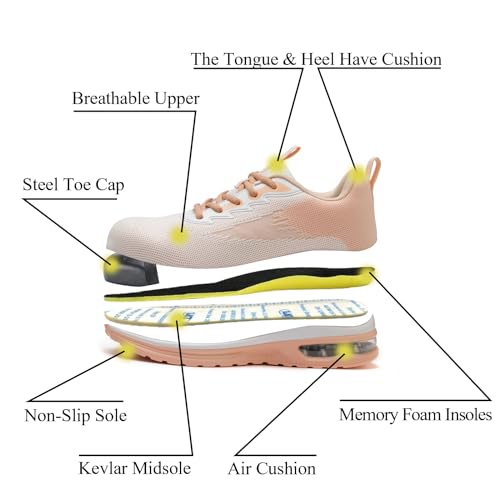 Lansnbo PINK-36 Steel Toe Shoes For Women Lightweight Breathable Safety Work Sneakers Non-Slip Puncture-Proof Utility Slip On Footwear For Industrial Construction（Fen Bai 36 Pink White thumb #4