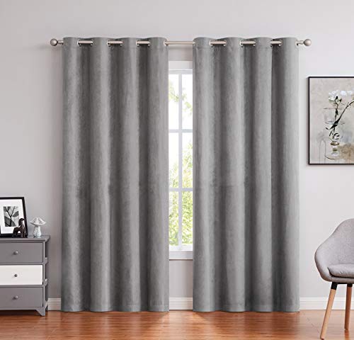 Faux Suede Window Curtain Panels 84 Inches Long With Grommet Top Solid Window Treatment Set Room Darkening Drapes For Bedroom/Living Room (2 Panels, Grey, 55"×84") #TOP22