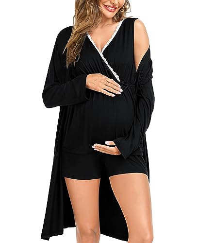 Image of SWOMOG 3 in 1 Labor Delivery Nursing PJS Maternity Robe & Nursing Pajamas Shorts Set Pregnancy Breastfeeding Sleepwear with Lace