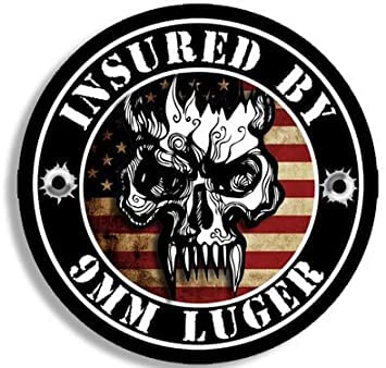 BRK StudioRound Insured by 9MM Luger (Handgun 2nd Gun USA Skull) Bumper Sticker Vinyl Decal