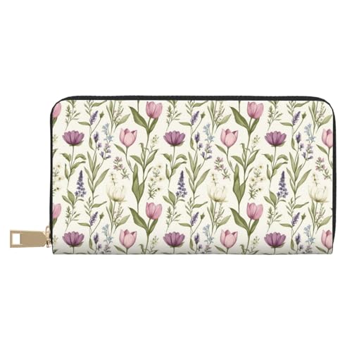 Leather Thin Slim Wallets for Women & Men - Purple Flowers (A) Print Card Wallet Holder with Zipper