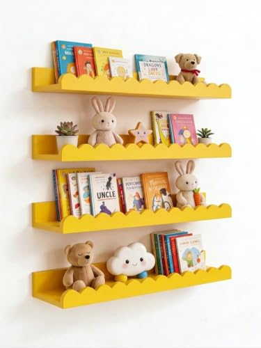 Image of Scalloped Shelves for Nursery - Wall Book Shelves for Bedroom Kids, Nursery Bookshelf for Wall Set of 4, Floating Book Shelves Solid Wood,18 Inch (Yellow)