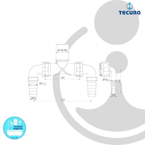 tecuro Doppelanschluss für Trockner und Waschmaschine, 1 Zoll ÜWM, inkl. Dichtungen und Schlauchschelle, Rückflusssicherung, Kunststoff