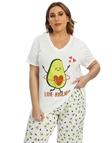 Image of Vozanet Women's Pajamas Set Soft V Neck Sleepwear Top and Capri Pj Lounge Sets Cartoon Heart Shape Cat Nighty Plus Size